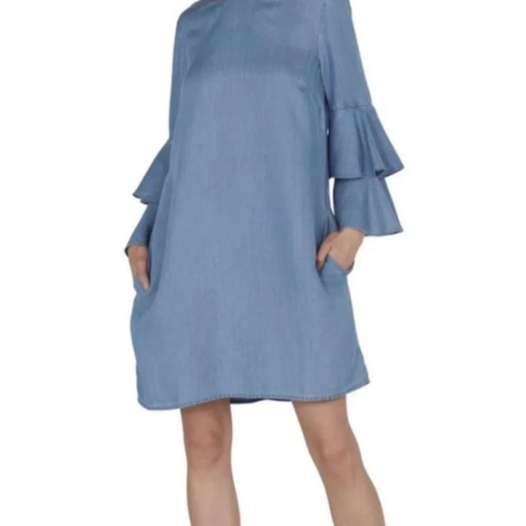 Beachlunchlounge Coastal Denim Chambray Ruffle Sleeves Pockets Bohemian Dress XS - Picture 1 of 11